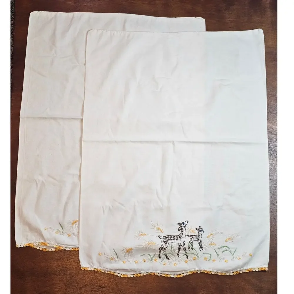Pair~DEER Fawn Vintage White Cotton Hand Embroidered Pillowcases